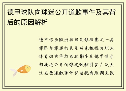 德甲球队向球迷公开道歉事件及其背后的原因解析